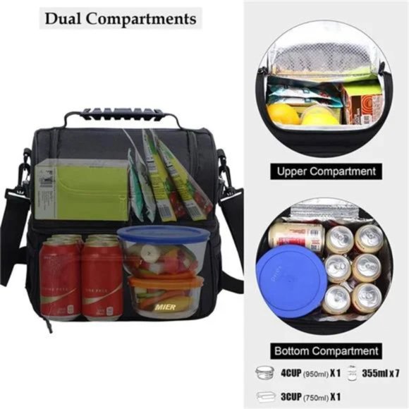 New Dual Compartment Lunch Bag Tote for Men & Women Leakproof Cooler Bag, Black - Picture 2 of 7